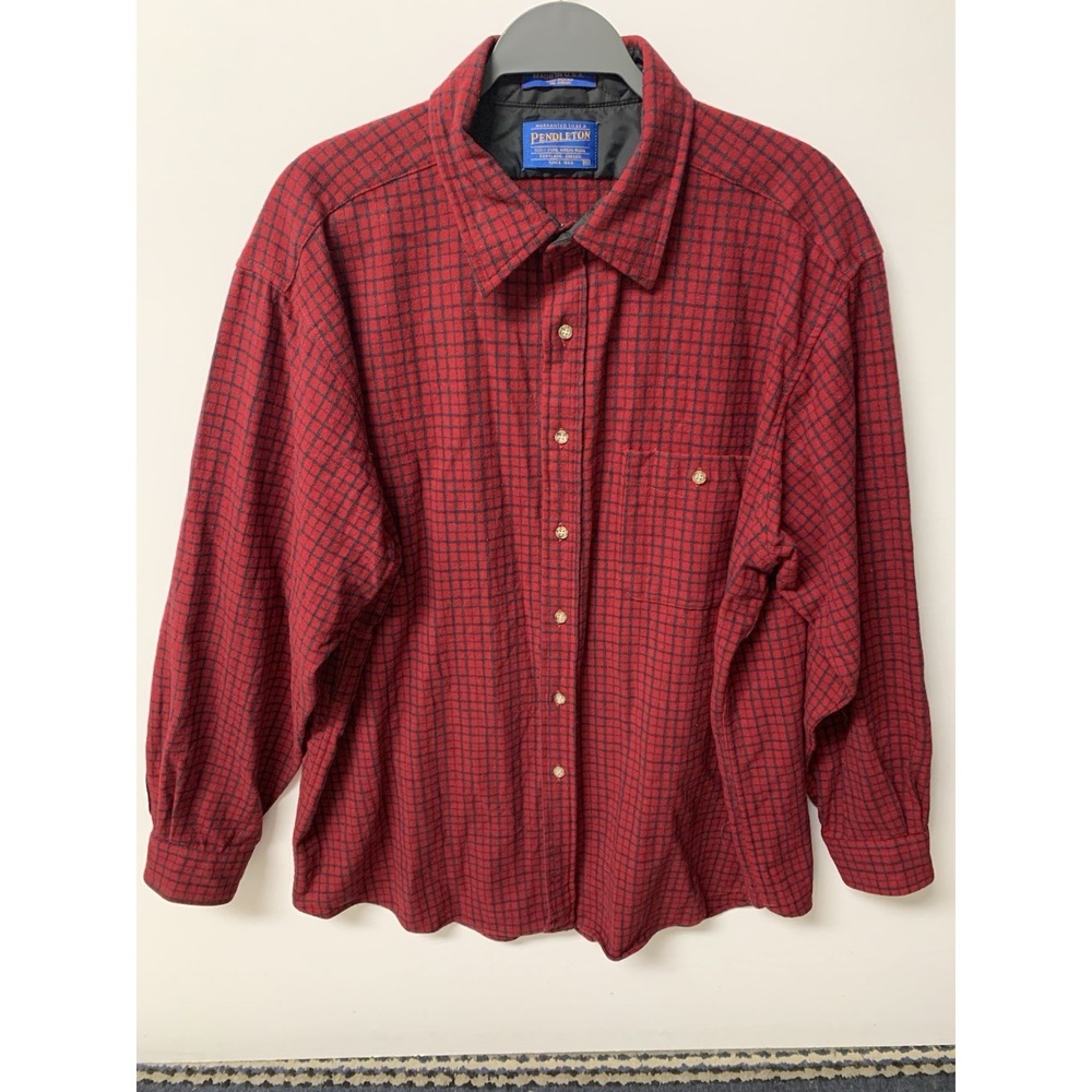 Vintage Pendleton Shirt Mens XL Red Plaid Wool Flannel Elbow Patch Made In USA